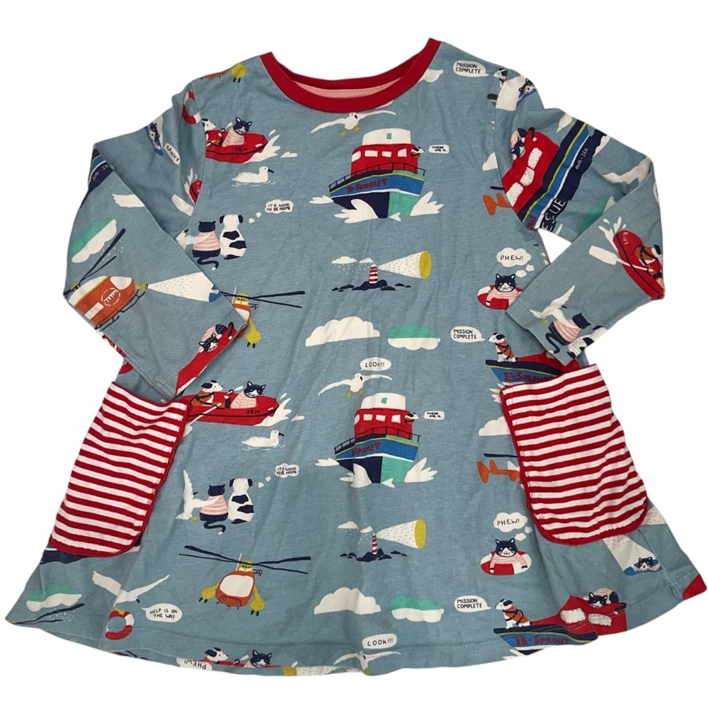 Mini Boden Girl Long Sleeve Dress Blue Ocean Boat Sailor Print Size 9-10y
